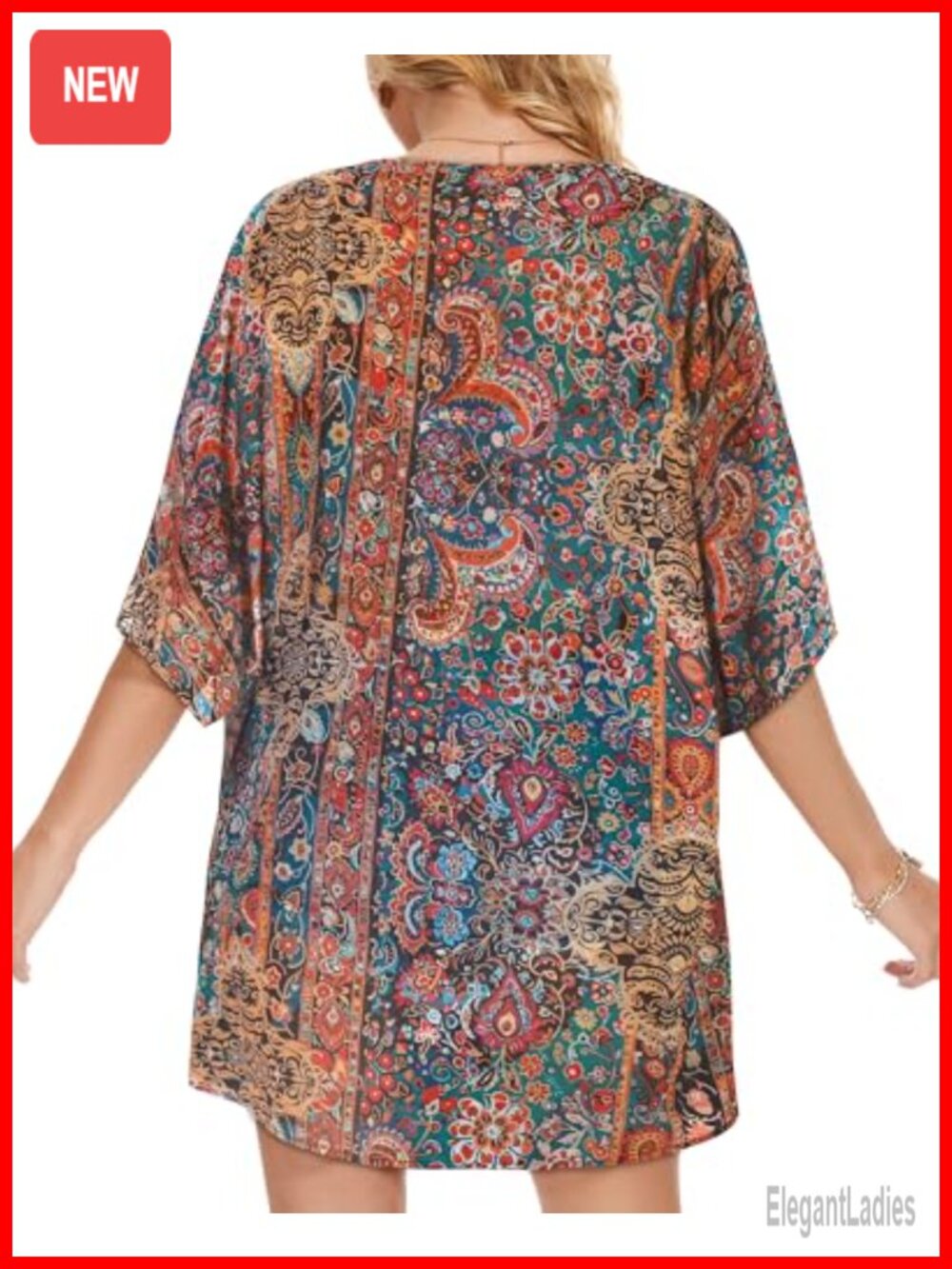 Floral Print Puff Sleeve Kimono Cardigan Loose Cover Up Blouse Top - Picture 4 of 6